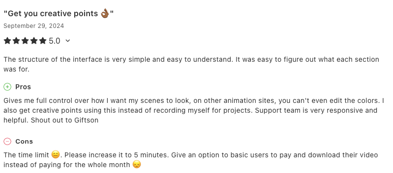 A customer’s 5-star review for Animaker AI.