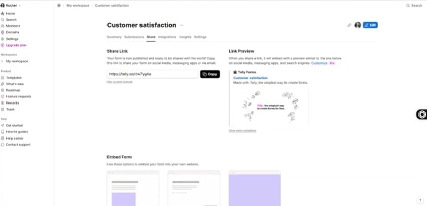 Tally dashboard showing the Share tab for a Customer Satisfaction form, with a shareable link and embed options.