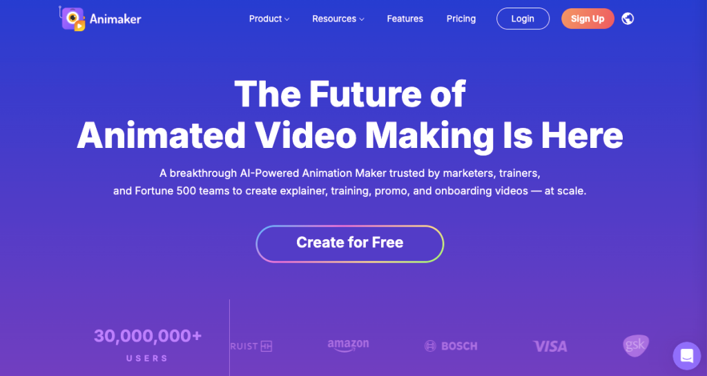 Screenshot of Animaker AI’s homepage.