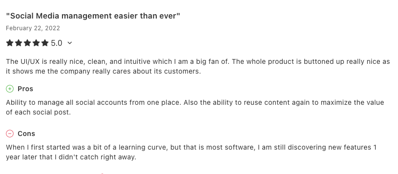 A customer’s 5-star review for SocialBee.