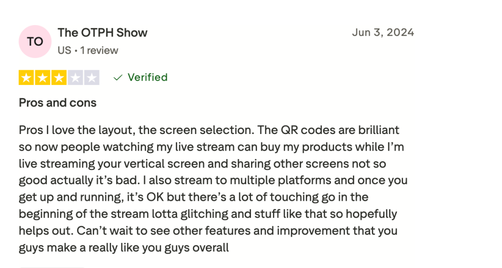 A 3-star review on Restream.