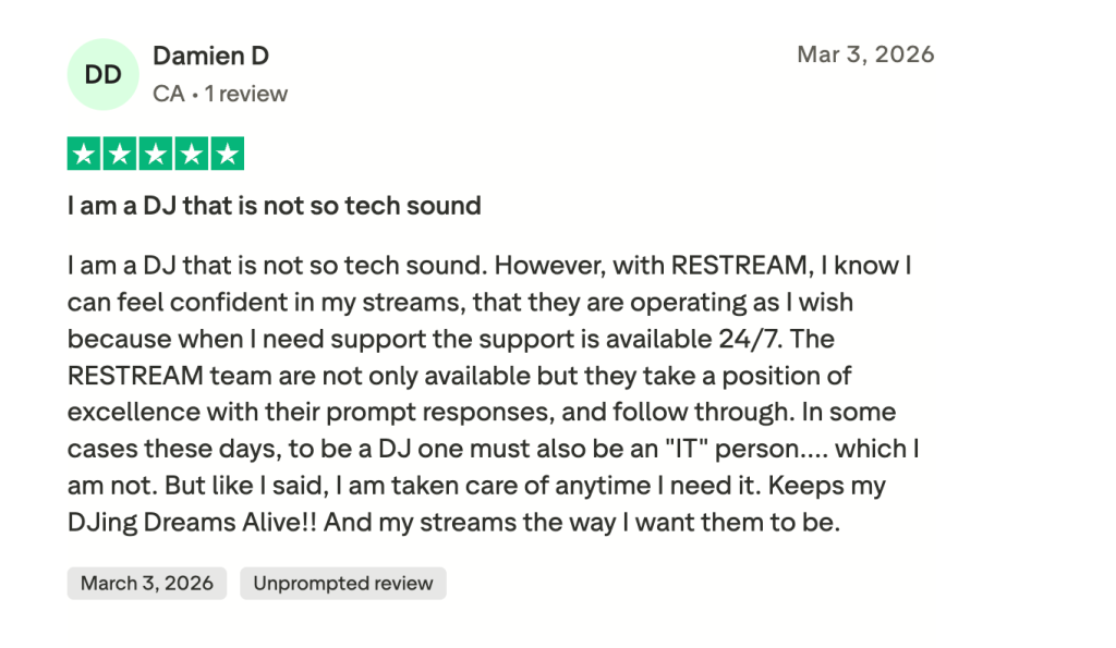 A 5-star review on Restream.