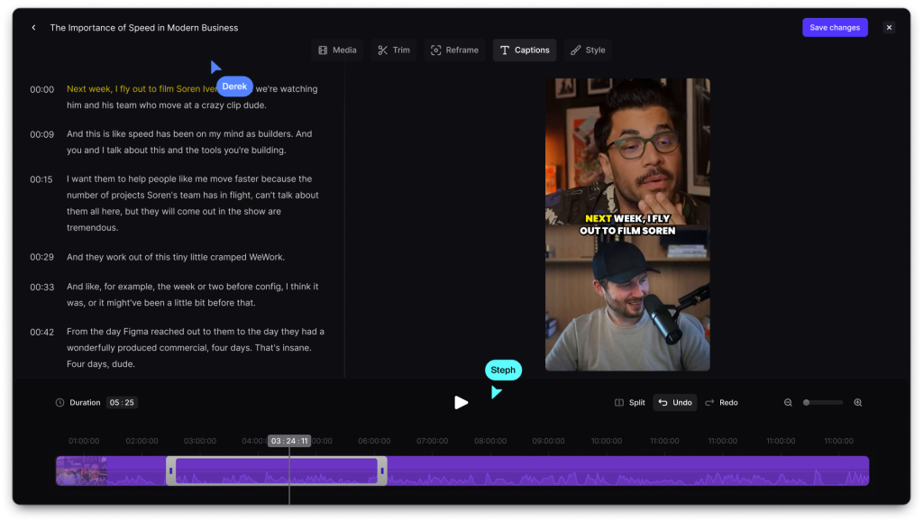 Restream Clips editor showing auto-generated captions and a split-screen video preview with a purple timeline for trimming clips.