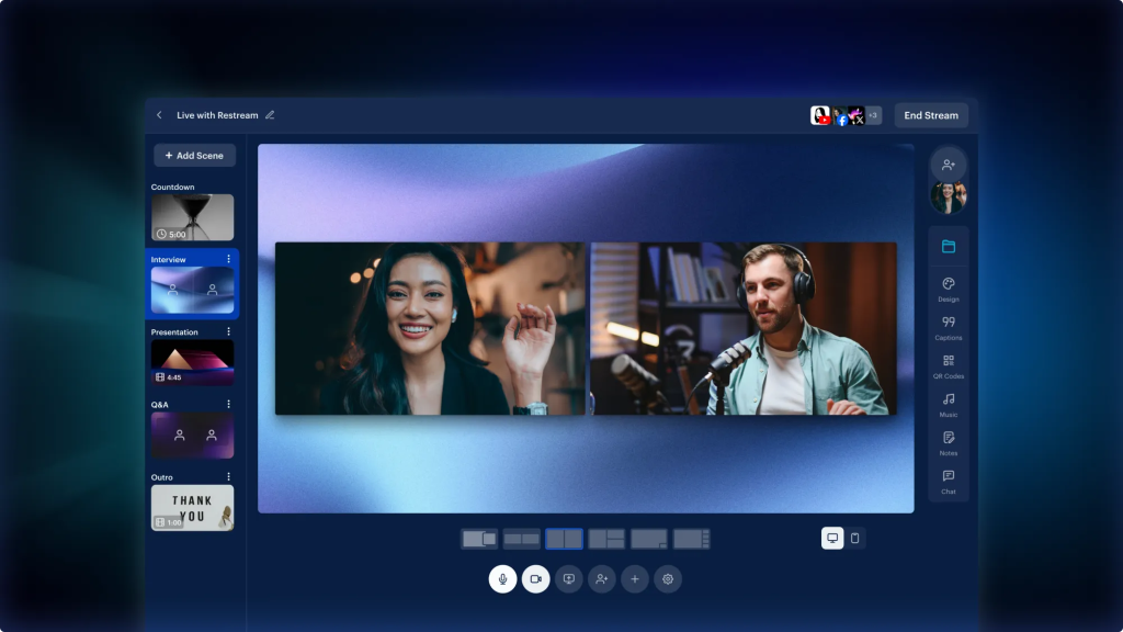 Restream Studio interface showing a live two-guest interview layout, with scene controls, captions, and an "End Stream" button visible.
