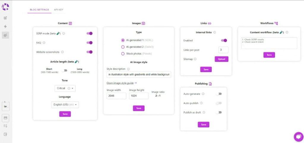 A settings menu interface for a blog showing options for image generation type.
