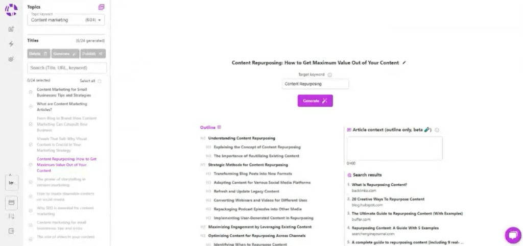 AIContentfy dashboard showing a list of content marketing topics and a generated article outline.