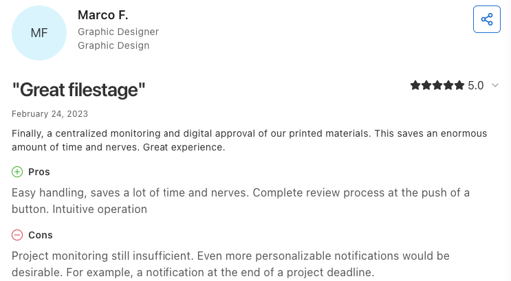 Screenshot of a customer’s review for Filestage.io.