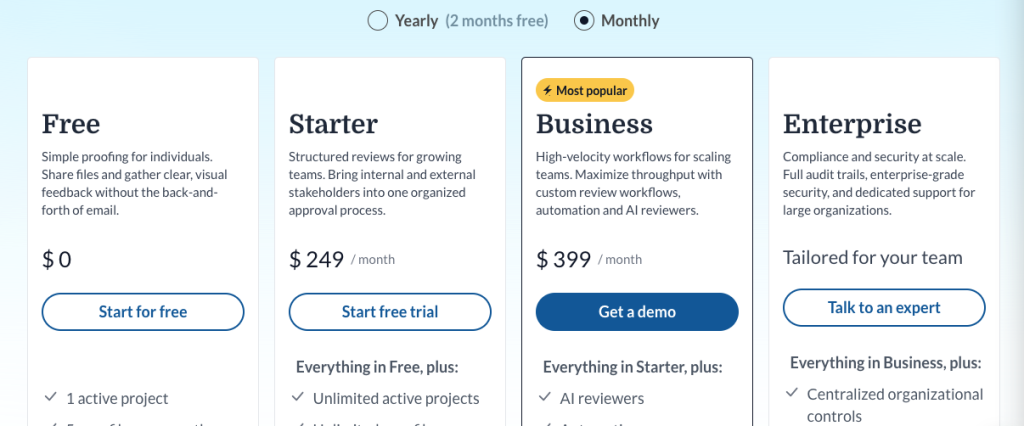 Screenshot of Filestage.io’s pricing page.