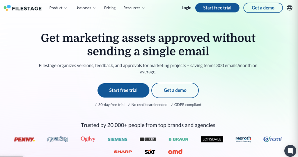 Screenshot of Filestage.io’s homepage.