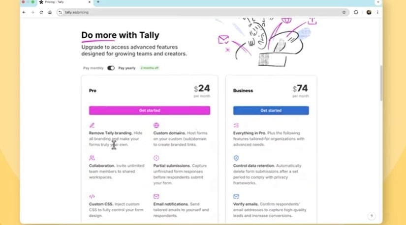Tally pricing page showing Pro and Business with monthly and yearly billing options.