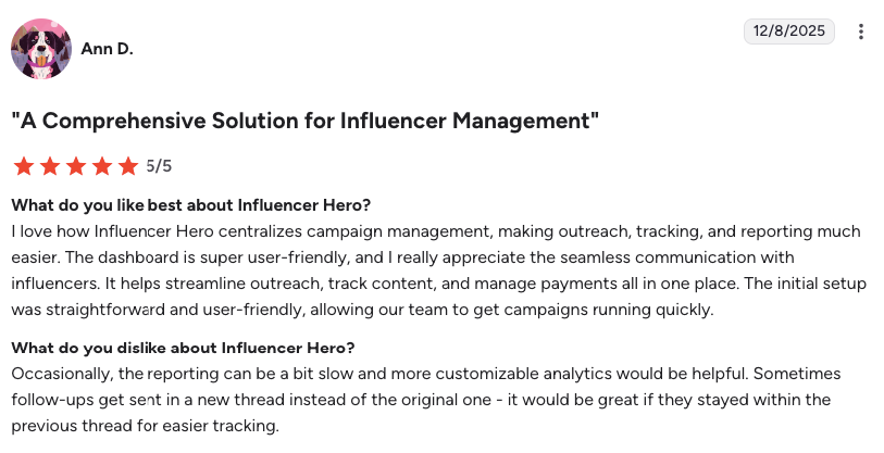 Screenshot of a customer’s review for Influencer Hero.