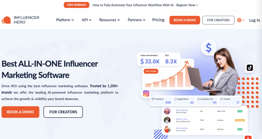 Screenshot of Influencer Hero’s home page.