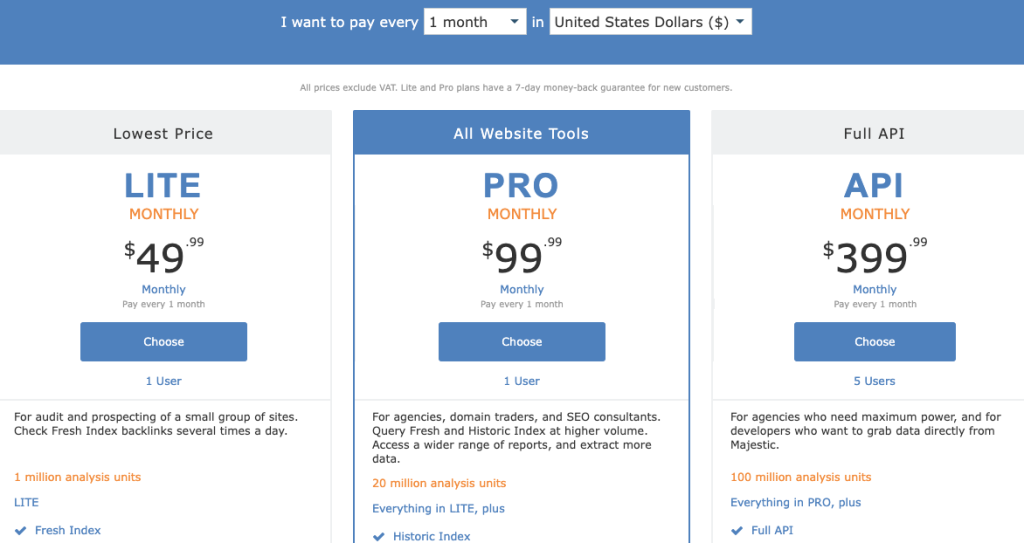 Screenshot of Majestic SEO’s pricing page.