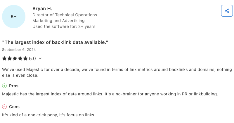 Screenshot of a customer’s review for Majestic SEO.