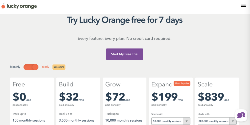 Screenshot of Lucky Orange’s pricing page.