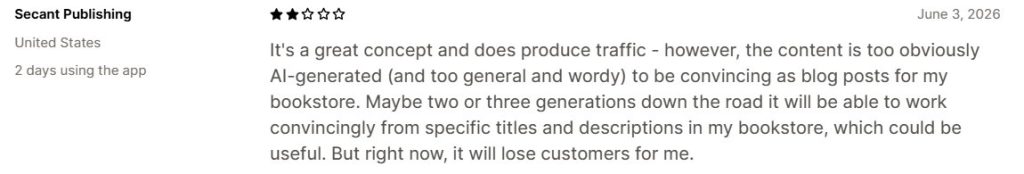 A 2-star user review from Secant Publishing.