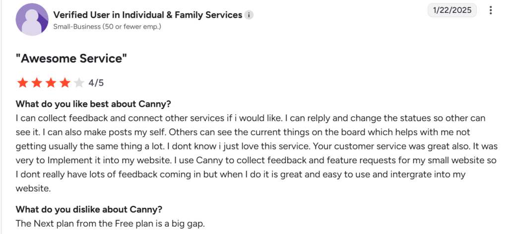 Four-star Canny G2 review praising easy customer feedback collection and noting the pricing jump between Free and paid tiers.