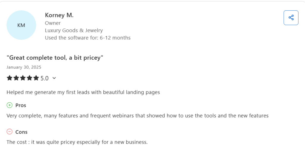 Five-star Capterra review of Leadpages praising features while noting the cost as a barrier for new businesses.