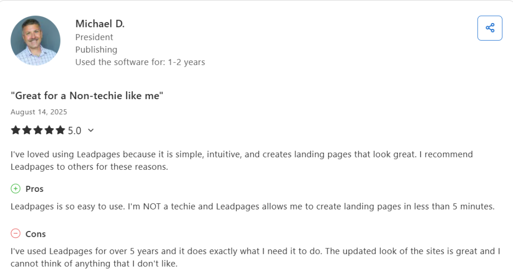 Five-star Capterra review of Leadpages praising the platform's ease of use for non-technical marketers.