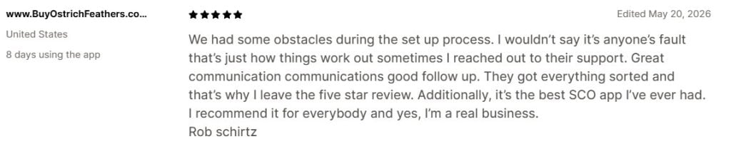 A 5-star user review from "BuyOstrichFeathers.com".