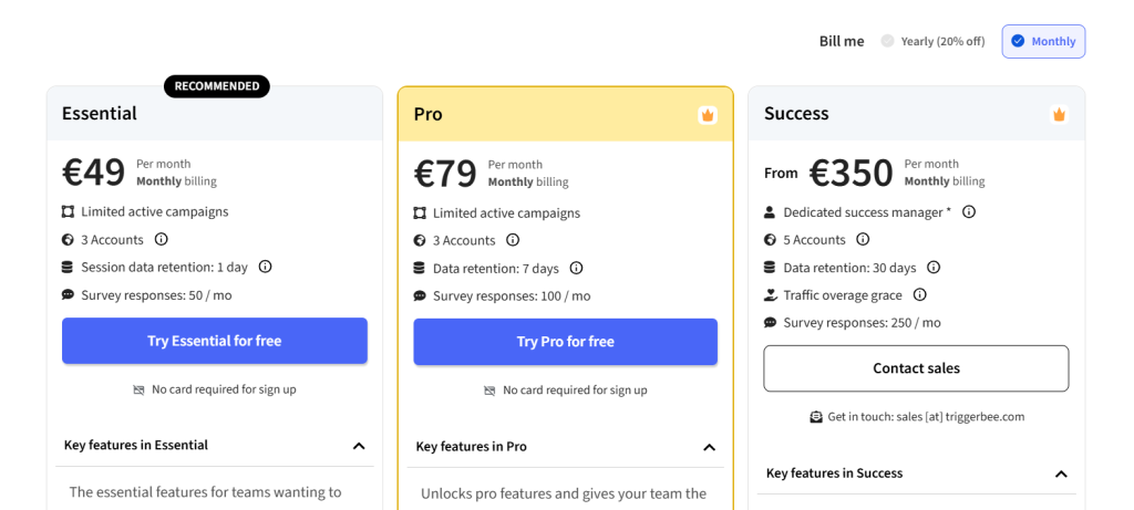 Triggerbee monthly pricing plans: Essential at €49, Pro at €79, and Success from €350 per month.