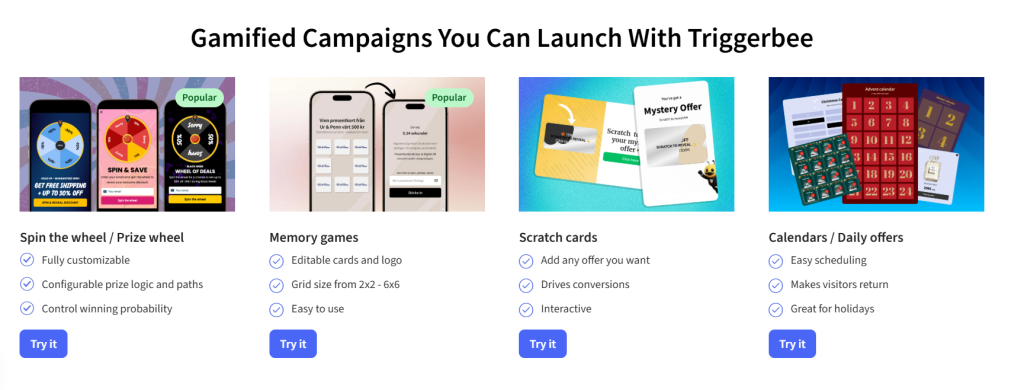 Examples of Triggerbee gamified campaigns: spin the wheel, memory games, scratch cards, and advent calendars.