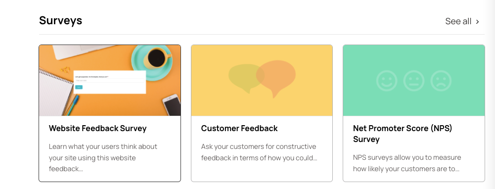 Screenshot showing Woorise’s survey template options.