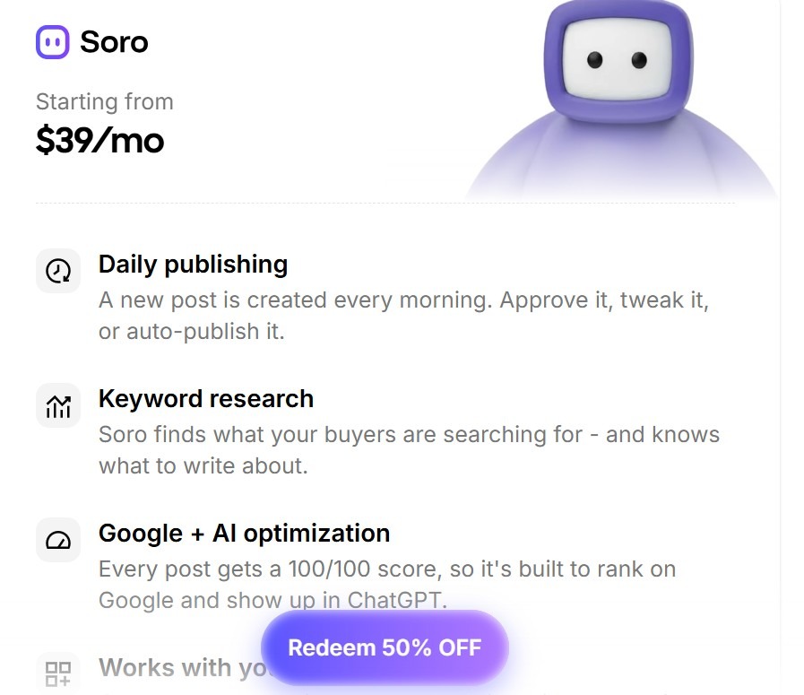 A product pricing snippet showing Soro starting at $39 a month.