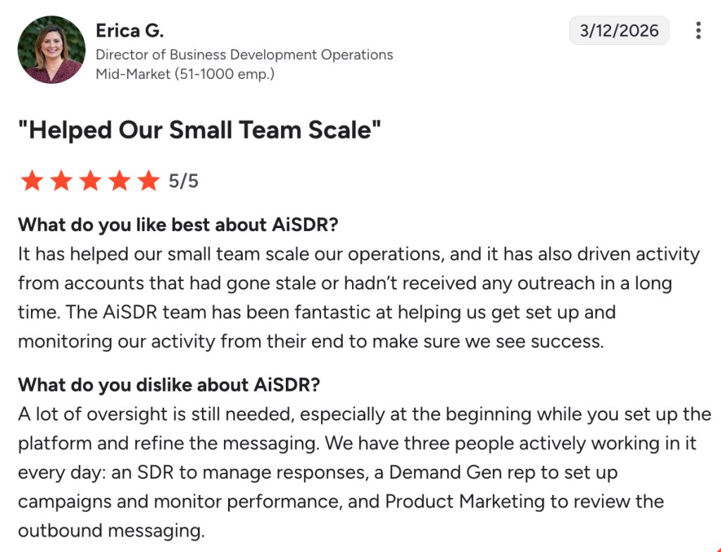 Review highlighting how AiSDR helped a team scale, while also acknowledging the need for oversight
