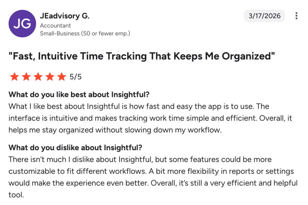 Review highlighting Insightful.io’s intuitive and simple interface.