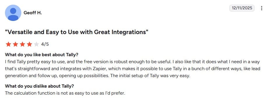 Customer review by Geoff H. giving Tally 4/5 stars for its ease of use and Zapier integration.