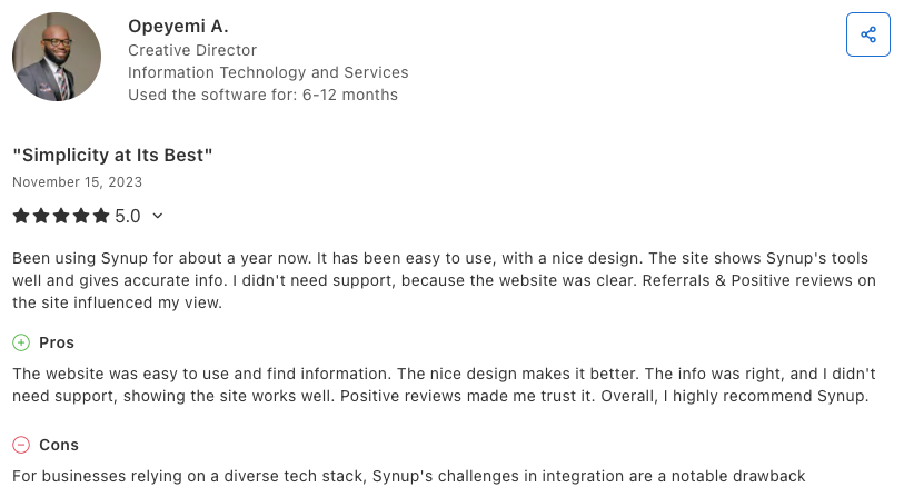 Screenshot of a customer’s 5-star Capterra review for Synup.