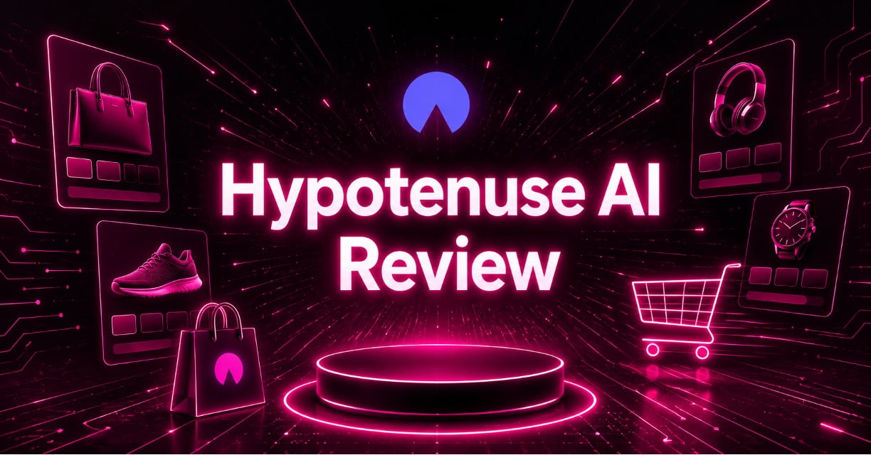 "Hypotenuse AI Review" banner surrounded by floating e-commerce product cards and a shopping cart