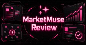 "MarketMuse Review" title card with icons representing content, growth analytics, topic modeling, and optimization