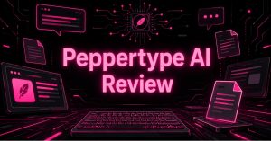 "Peppertype AI Review" hero banner featuring a neon-lit AI chip, a laptop screen, and floating document icons