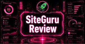 "SITEGURU REVIEW" neon banner surrounded by SEO icons: a rocket, speed gauge, growth chart, and audit checklist.