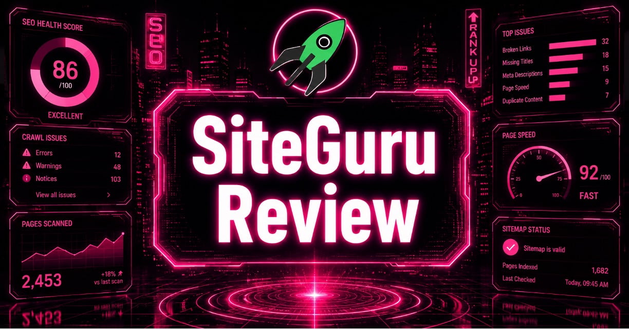 "SITEGURU REVIEW" neon banner surrounded by SEO icons: a rocket, speed gauge, growth chart, and audit checklist.