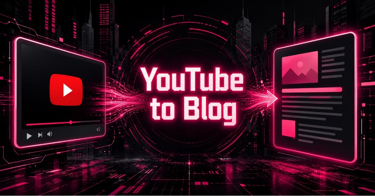"YouTube to Blog" graphic showing a video player with an arrow flowing into a blog post layout.