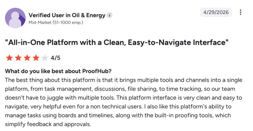 A 4-star G2 Review highlighting ProofHub’s simple and thorough interface