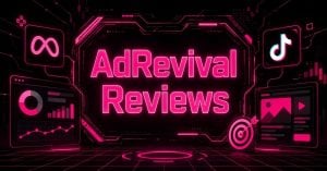 AdRevival Reviews hero graphic with neon Meta and TikTok logos on a futuristic digital background