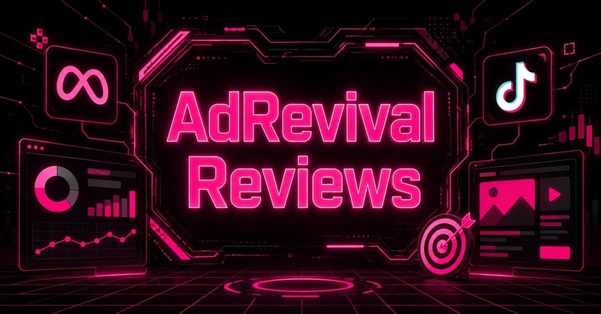 AdRevival Reviews hero graphic with neon Meta and TikTok logos on a futuristic digital background
