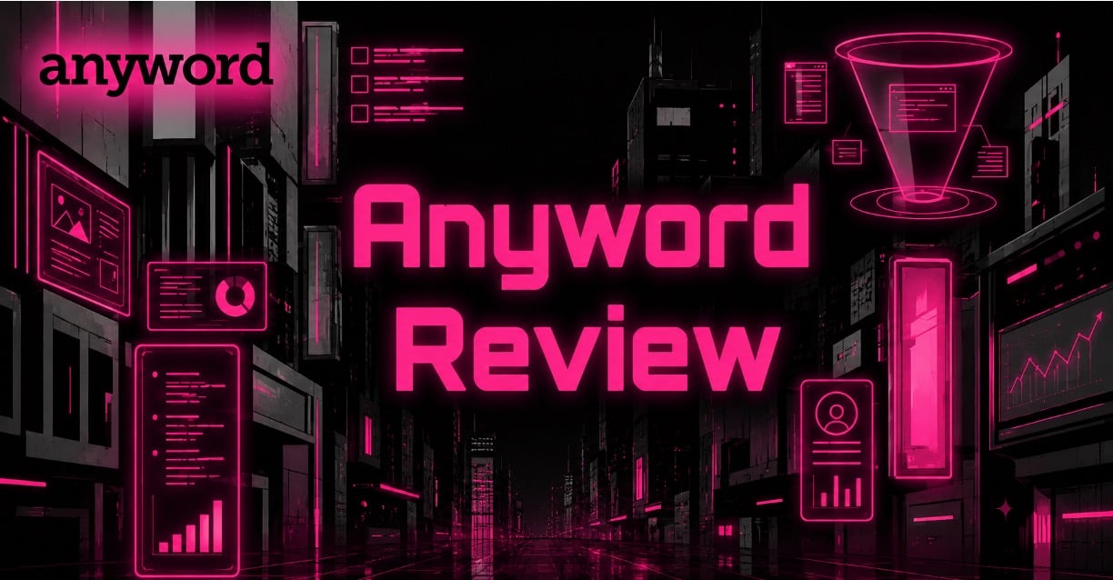 Anyword branded banner with neon pink text reading "Anyword Features & Pricing" over a dark cityscape.
