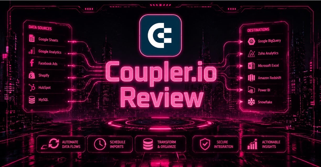 Cyberpunk Coupler.io data integration hub with glowing connected dashboards