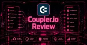 Cyberpunk Coupler.io data integration hub with glowing connected dashboards