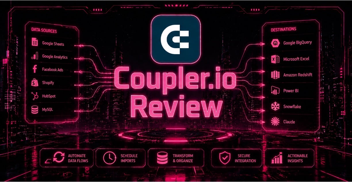 Cyberpunk Coupler.io data integration hub with glowing connected dashboards