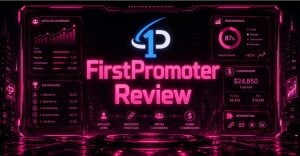 Cyberpunk FirstPromoter affiliate dashboard with referral links and analytics