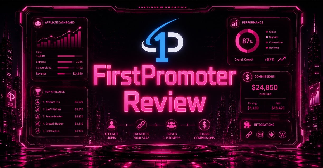 Cyberpunk FirstPromoter affiliate dashboard with referral links and analytics