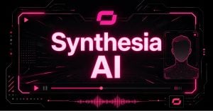 Cyberpunk futuristic illustration of Synthesia AI’s core features