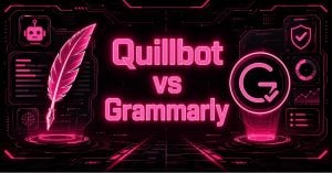 Cyberpunk futuristic illustration of a Quillbot vs Grammarly comparison