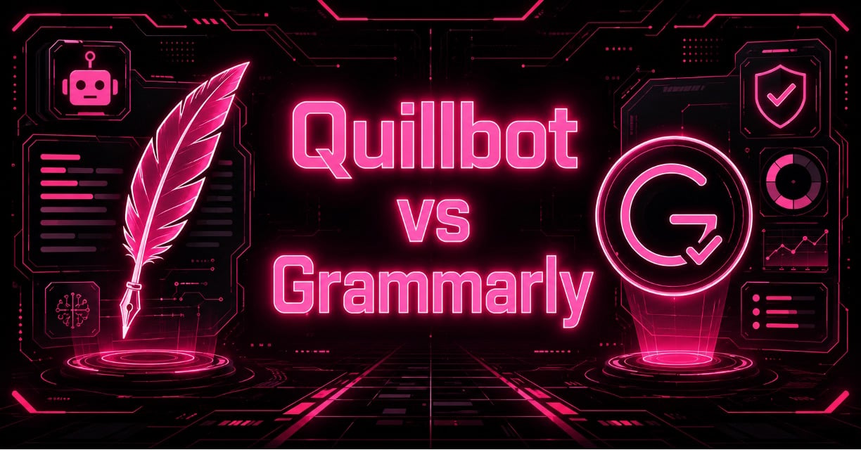 Cyberpunk futuristic illustration of a Quillbot vs Grammarly comparison